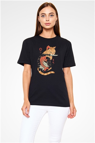 Geyşa Kedi Baskılı Unisex Siyah Tişört