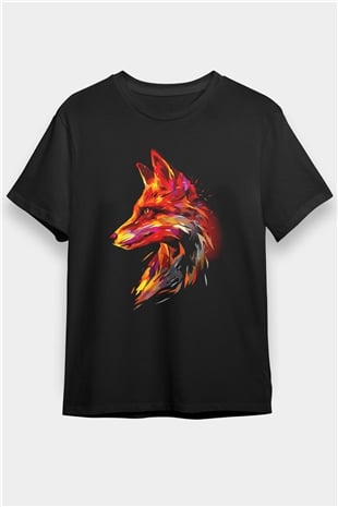 Renkli Tilki Baskılı Unisex Siyah Tişört
