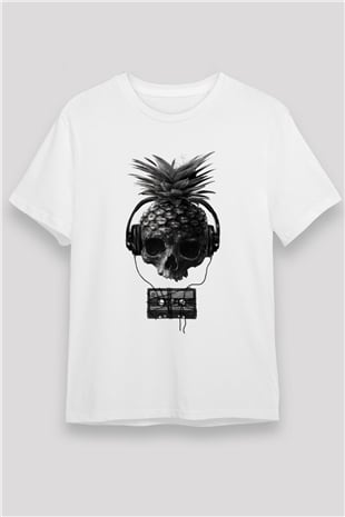 Ananas Kuru Kafa Baskılı Unisex Beyaz Tişört