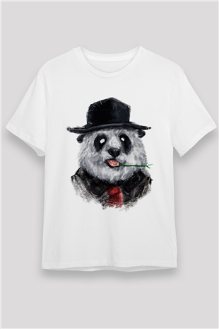 Şapkalı Panda Baskılı Unisex Beyaz Tişört