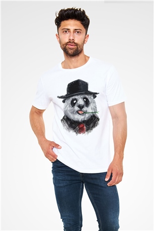 Şapkalı Panda Baskılı Unisex Beyaz Tişört