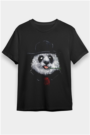 Takım Elbiseli Panda Baskılı Unisex Siyah Tişört