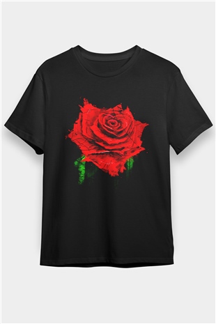 Kırmızı Gül Baskılı Unisex Siyah Tişört
