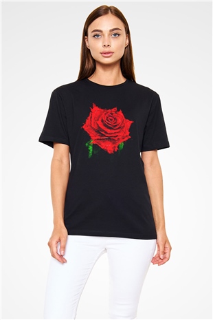 Kırmızı Gül Baskılı Unisex Siyah Tişört