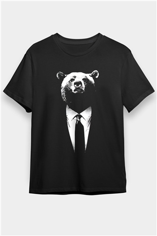 Takım Elbiseli Ayı Baskılı Unisex Siyah Tişört