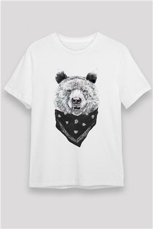 Bandanalı Panda Baskılı Unisex Beyaz Tişört