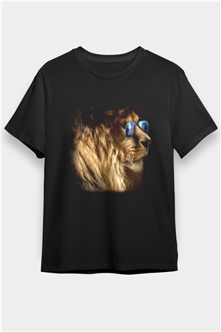 Gözlüklü Aslan Baskılı Unisex Siyah Tişört
