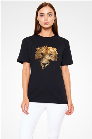 Yaprak ve Aslan Baskılı Unisex Siyah Tişört