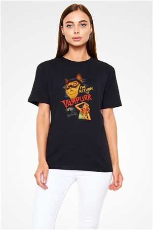 Vampir Kedi Baskılı Unisex Siyah Tişört