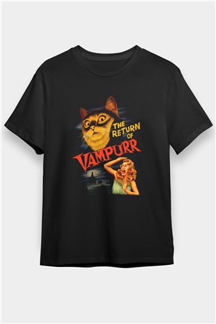 Vampir Kedi Baskılı Unisex Siyah Tişört