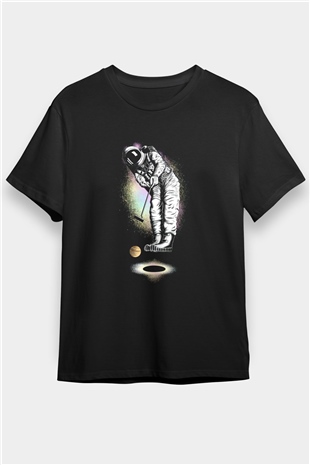 Golf Oynayan Astronot Baskılı Unisex Siyah Tişört