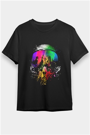 Renkli Pilot Kaskı Baskılı Unisex Siyah Tişört