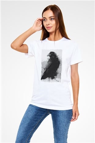 Karga Baskılı Unisex Beyaz Tişört