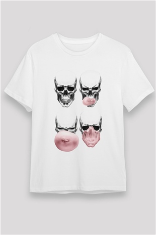 Sakız Çiğneyen Kuru Kafa Baskılı Unisex Beyaz Tişört