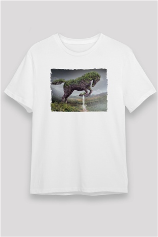 At Baskılı Unisex Beyaz Tişört