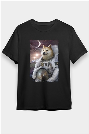 Astronot Husky Baskılı Unisex Siyah Tişört