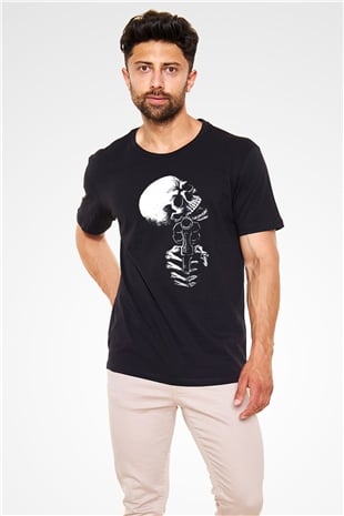 Silah Çeken Kuru Kafa Baskılı Unisex Siyah Tişört