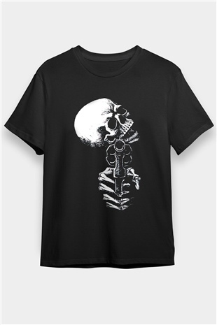 Silah Çeken Kuru Kafa Baskılı Unisex Siyah Tişört