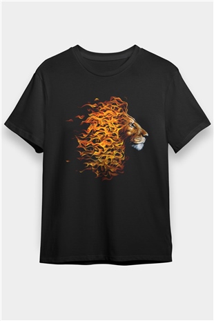 Ateşten Yeleli Aslan Baskılı Unisex Siyah Tişört