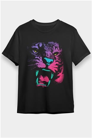 Mor Renkli Kaplan Baskılı Unisex Siyah Tişört