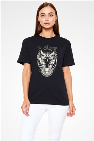 Baykuş Baskılı Unisex Siyah Tişört