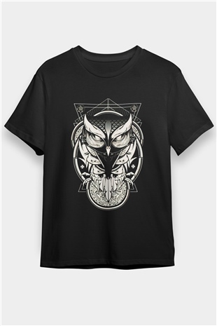 Baykuş Baskılı Unisex Siyah Tişört
