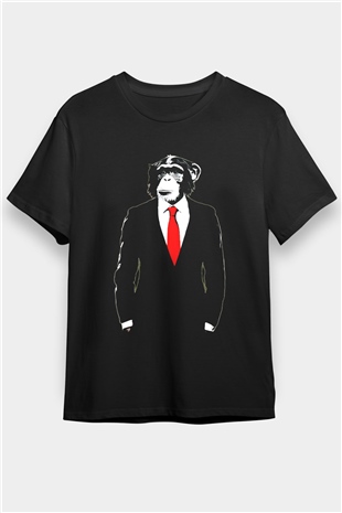 Takım Elbiseli Maymun Baskılı Unisex Siyah Tişört