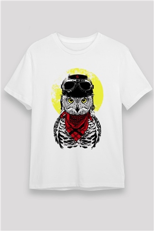 Pilot Baykuş Baskılı Unisex Beyaz Tişört