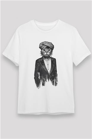 Kedi Baskılı Unisex Beyaz Tişört