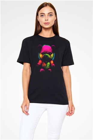 Renkli Ayıcık Baskılı Unisex Siyah Tişört