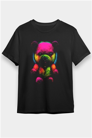 Renkli Ayıcık Baskılı Unisex Siyah Tişört