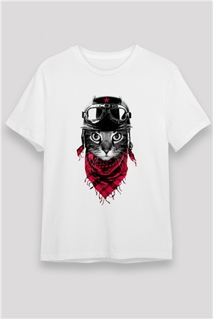 Motosikletçi Kedi Baskılı Unisex Beyaz Tişört