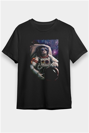 Astronot Maymun Baskılı Unisex Siyah Tişört