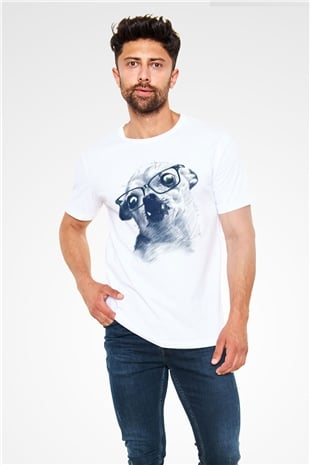 Gözlüklü Dişlek Köpek Baskılı Unisex Beyaz Tişört