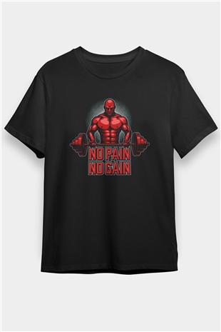 No Pain No Gain Baskılı Unisex Siyah Tişört