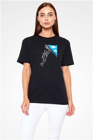 Astronot Baskılı Unisex Siyah Tişört