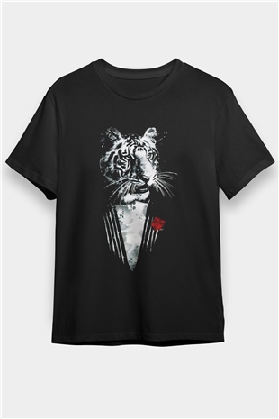 Güllü Kaplan Baskılı Unisex Siyah Tişört