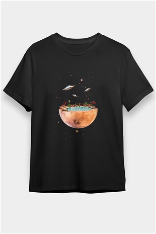 Uzayda Havuz Keyfi Baskılı Unisex Siyah Tişört