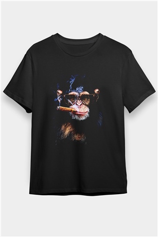 Puro İçen Şempanze Baskılı Unisex Siyah Tişört