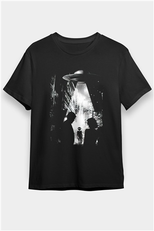 Ufo Baskılı Unisex Siyah Tişört