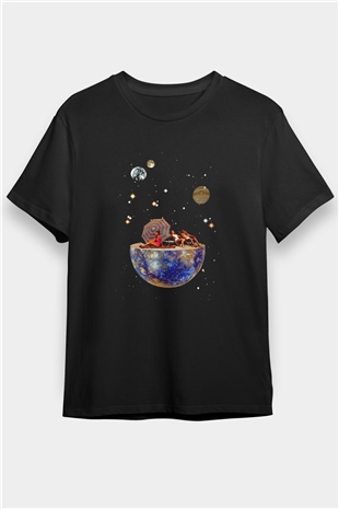 Uzayda Güneşlenmek Baskılı Unisex Siyah Tişört