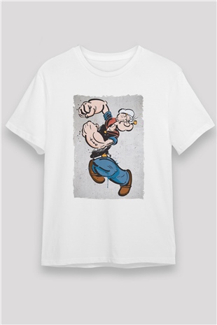 Popeye Temel Reis Baskılı Unisex Beyaz Tişört