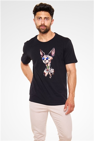 Tattoo Sfenks Kedi Baskılı Unisex Siyah Tişört
