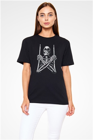Baterist İskelet Baskılı Unisex Siyah Tişört