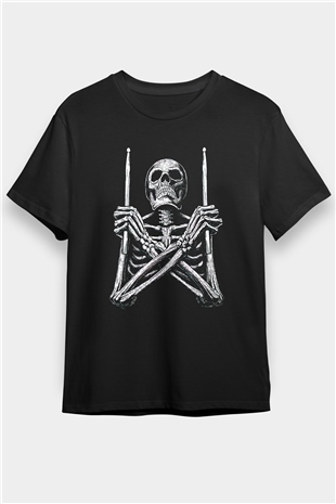 Baterist İskelet Baskılı Unisex Siyah Tişört