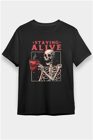 Kahve İçen İskelet Baskılı Unisex Siyah Tişört