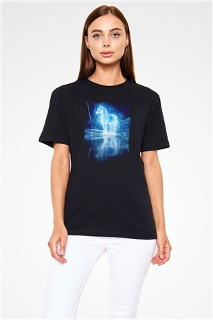 At Baskılı Unisex Siyah Tişört