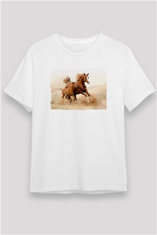 At ve Yavrusu Baskılı Unisex Beyaz Tişört