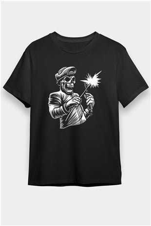 Kaynakçı İskelet Baskılı Unisex Siyah Tişört