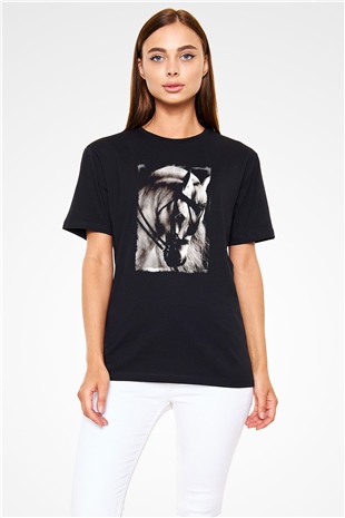 At Baskılı Unisex Siyah Tişört